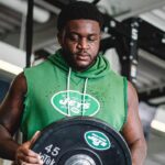 New York Jets right tackle Armand Membou trains during the offseason program.