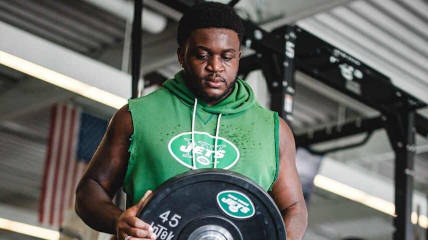 New York Jets right tackle Armand Membou trains during the offseason program.