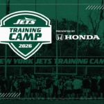 Official New York Jets Training Camp 2026 graphic showing players and fans.
