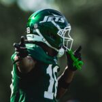 Jets wide receiver Isaiah Williams reacts during training camp practice.