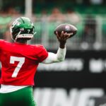 Jets quarterback No. 7 throws during the August 11 joint practice with Tampa Bay