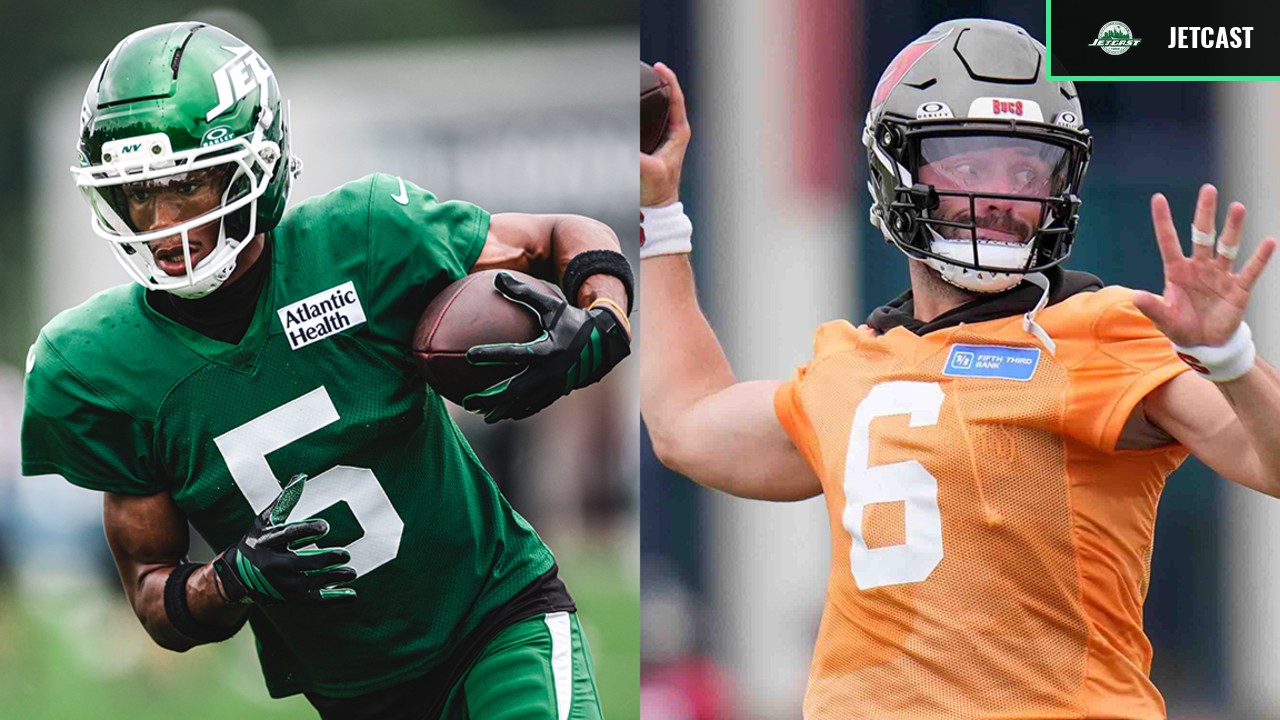 Garrett Wilson and Baker Mayfield featured in a Jets-Buccaneers joint-practice preview image
